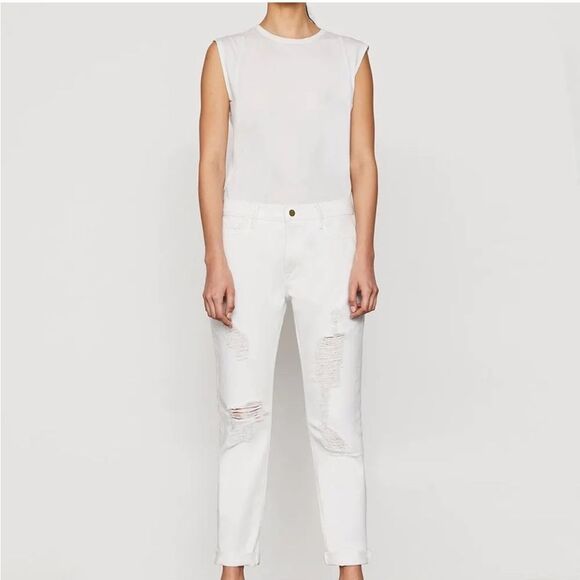 FRAME | NEW Le Garçon White Distressed Denim Jeans Women’s Size 26 - Picture 1 of 12